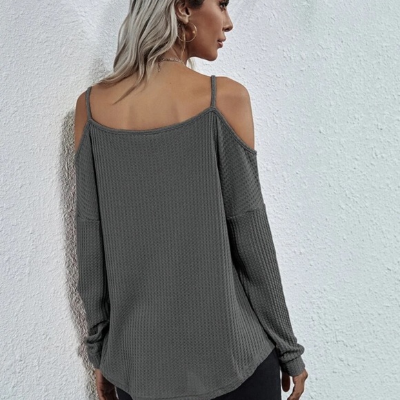 Black Waffle knit long sleeve cold shoulder top - Picture 6 of 10